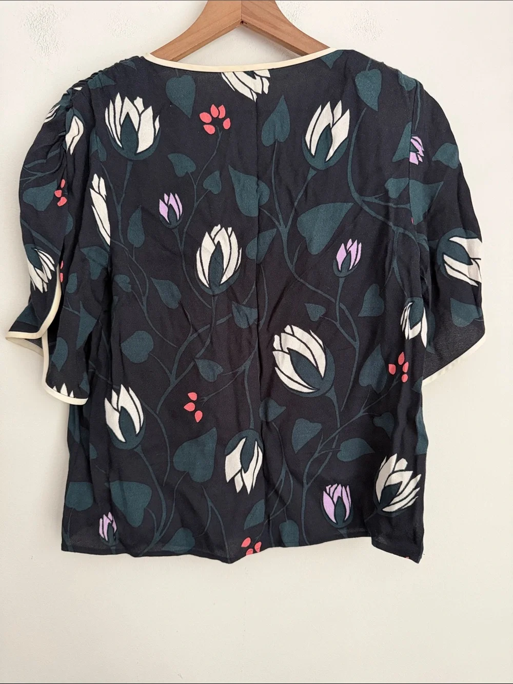 Kate Spade Deco Bloom Crepe Blouse Black Floral Lotus XS